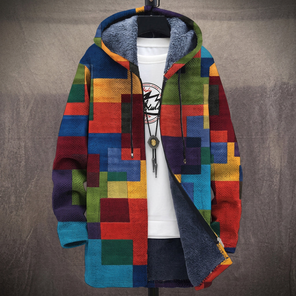 Cappotto con Cappuccio a Patchwork di Colori