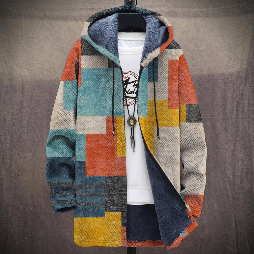 Cappotto con Cappuccio a Patchwork Arancio e Turchese