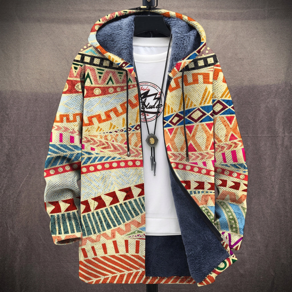 Cappotto con Cappuccio a Motivo Azteco Beige e Rosso