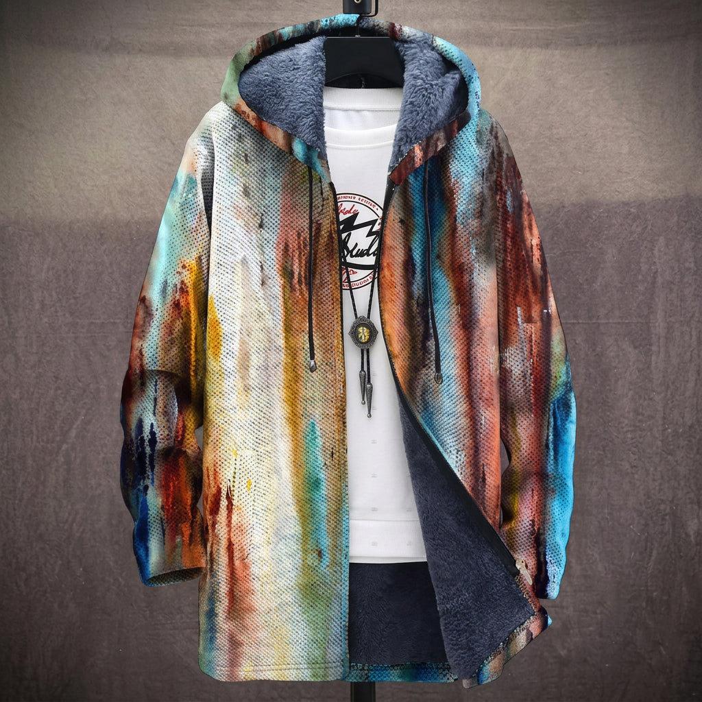 Cappotto con Cappuccio ad Acquerello Astratto