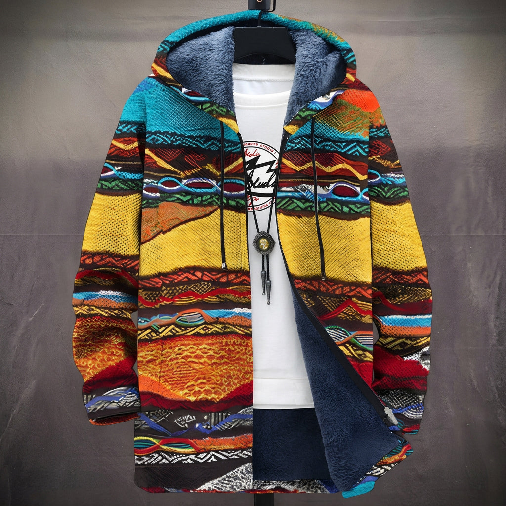 Cappotto con Cappuccio a Bande Azteche Gialle e Arancioni