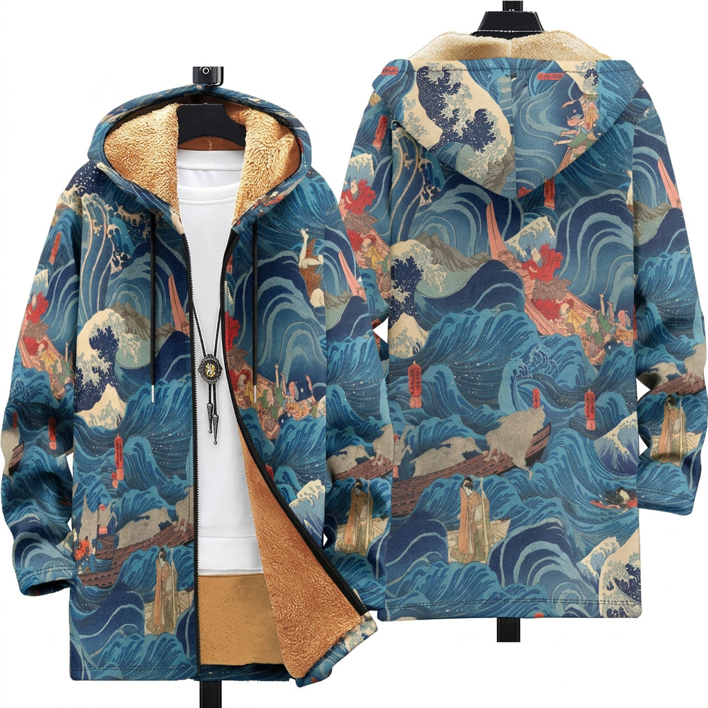 Cappotto con Cappuccio a Onde Giapponesi Blu e Arancio