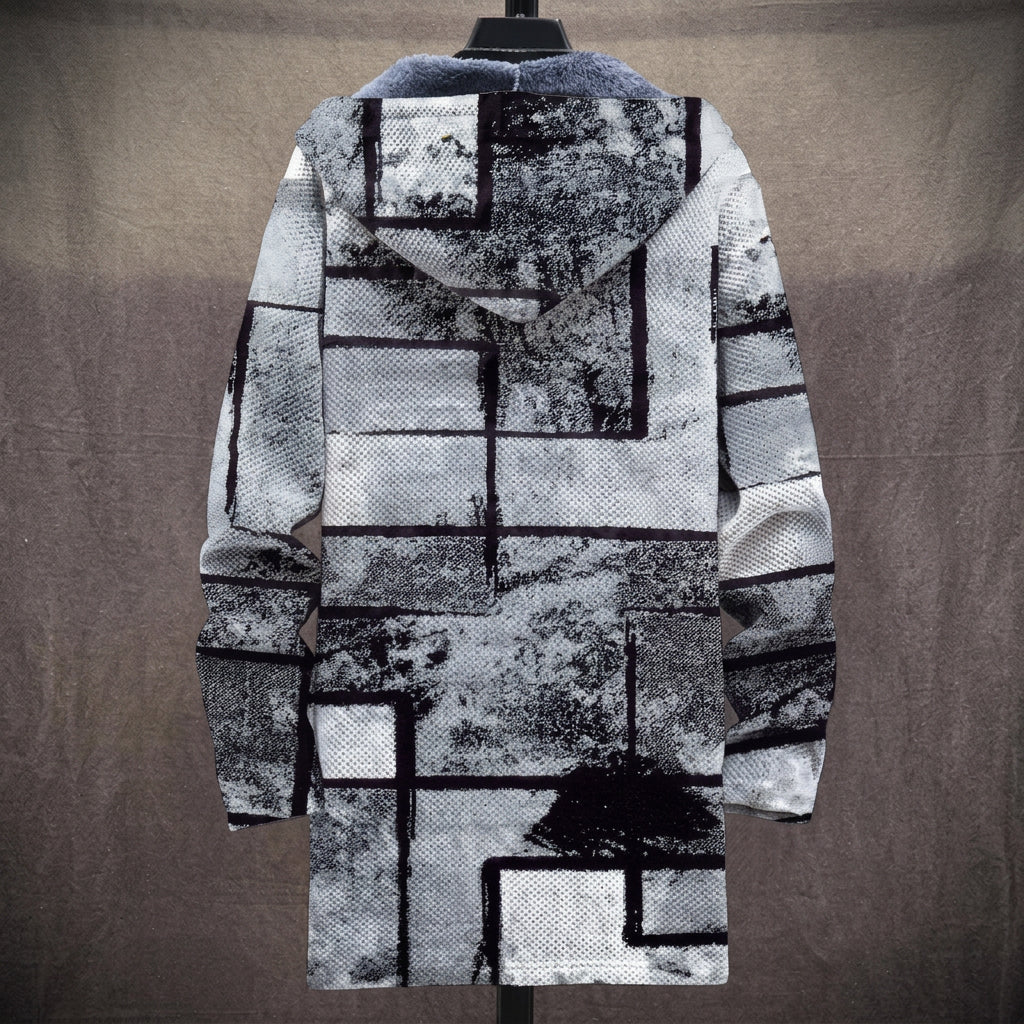 Cappotto con Cappuccio a Scacchi Bianco e Nero