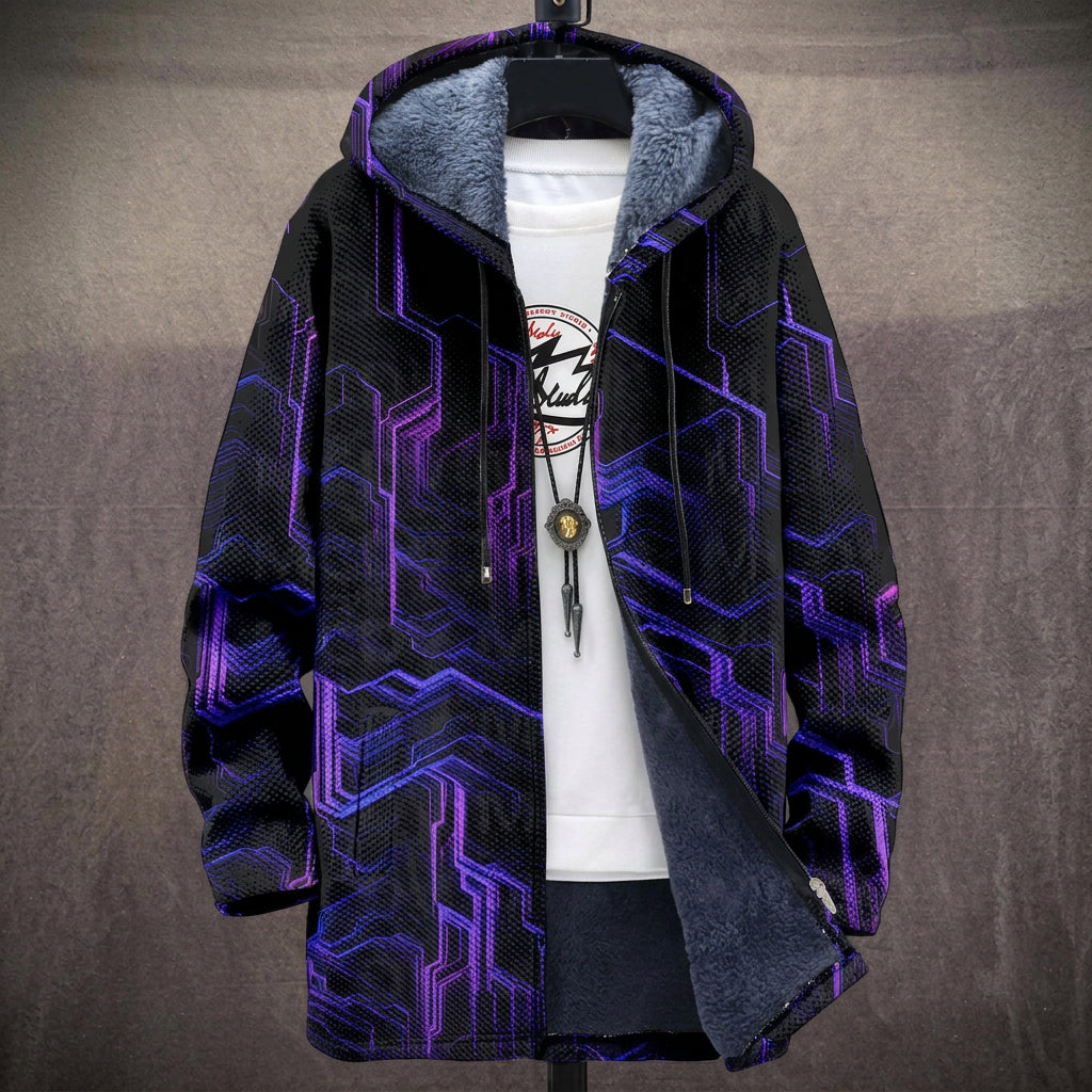 Cappotto con Cappuccio a Motivo Circuito Viola