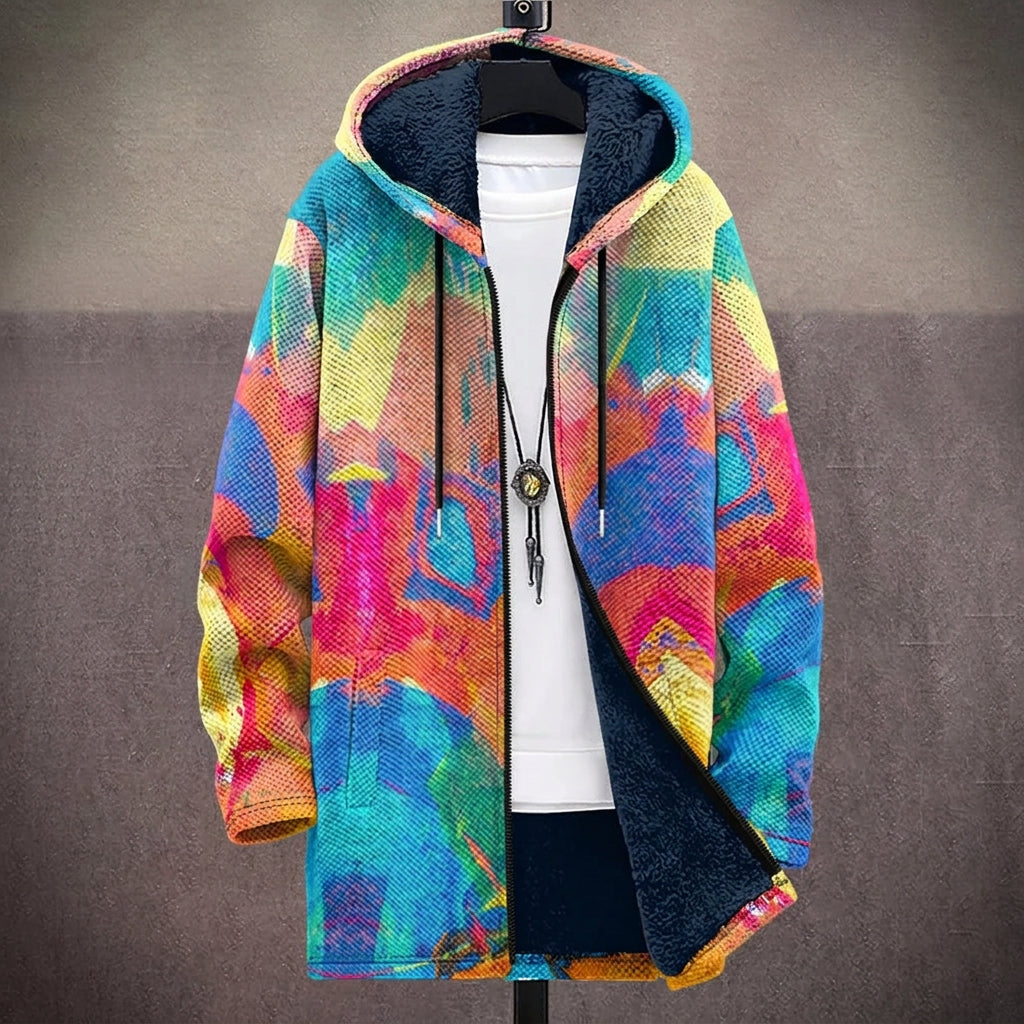 Cappotto con Cappuccio a Collage Astratto Rosa e Blu