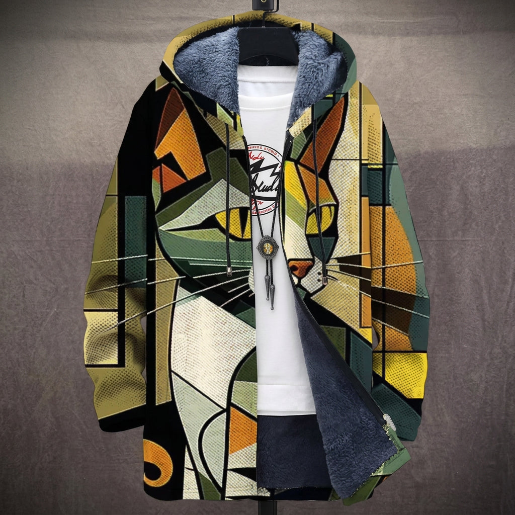 Cappotto con Cappuccio a Gatto Cubista Oliva e Giallo