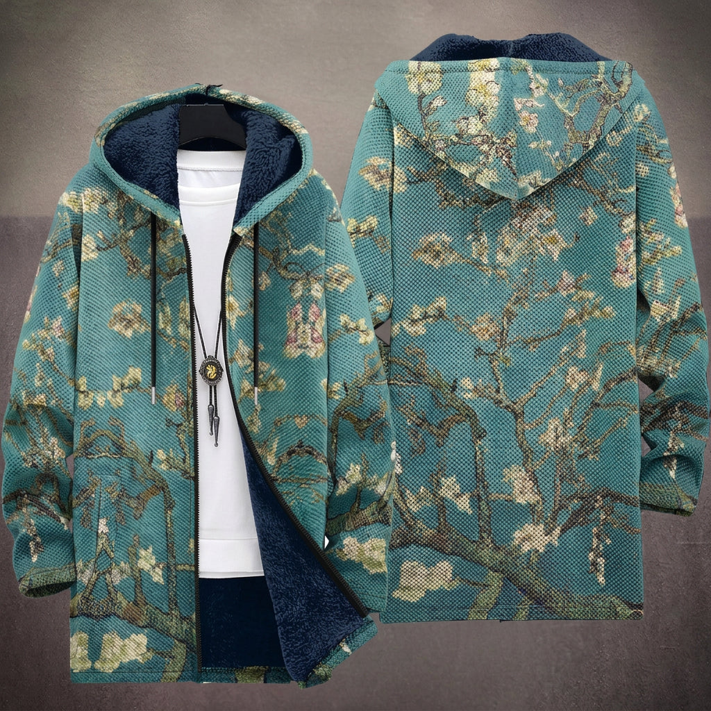 Cappotto con Cappuccio a Fiori Dorati su Turchese