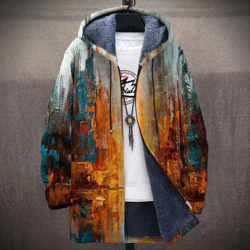 Cappotto con Cappuccio a Pittura Astratta Arancio e Blu