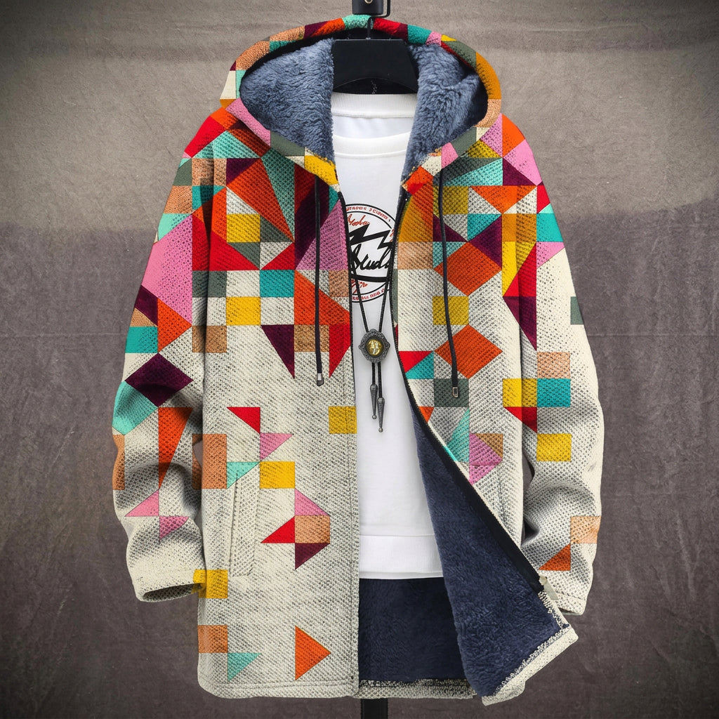 Cappotto con Cappuccio a Triangoli Geometrici