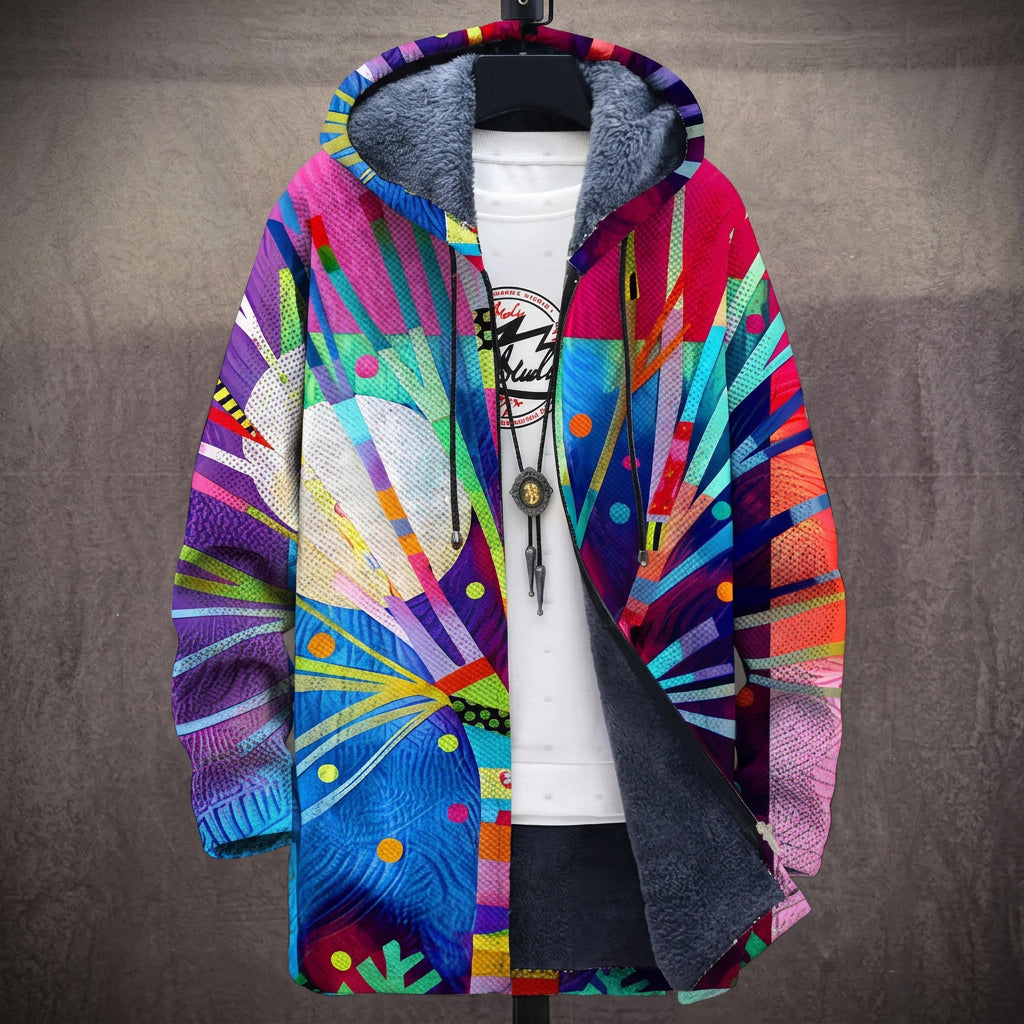 Cappotto con Cappuccio a Esplosione Astratta Multicolore