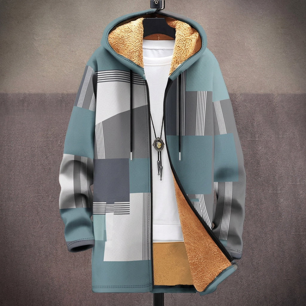 Cappotto con Cappuccio a Blocchi Grigio-Azzurro e Senape
