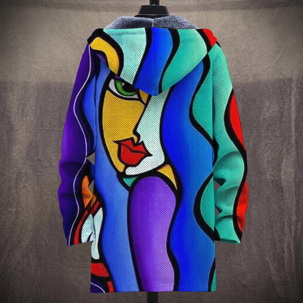 Cappotto con Cappuccio a Volto Cubista Blu e Rosso
