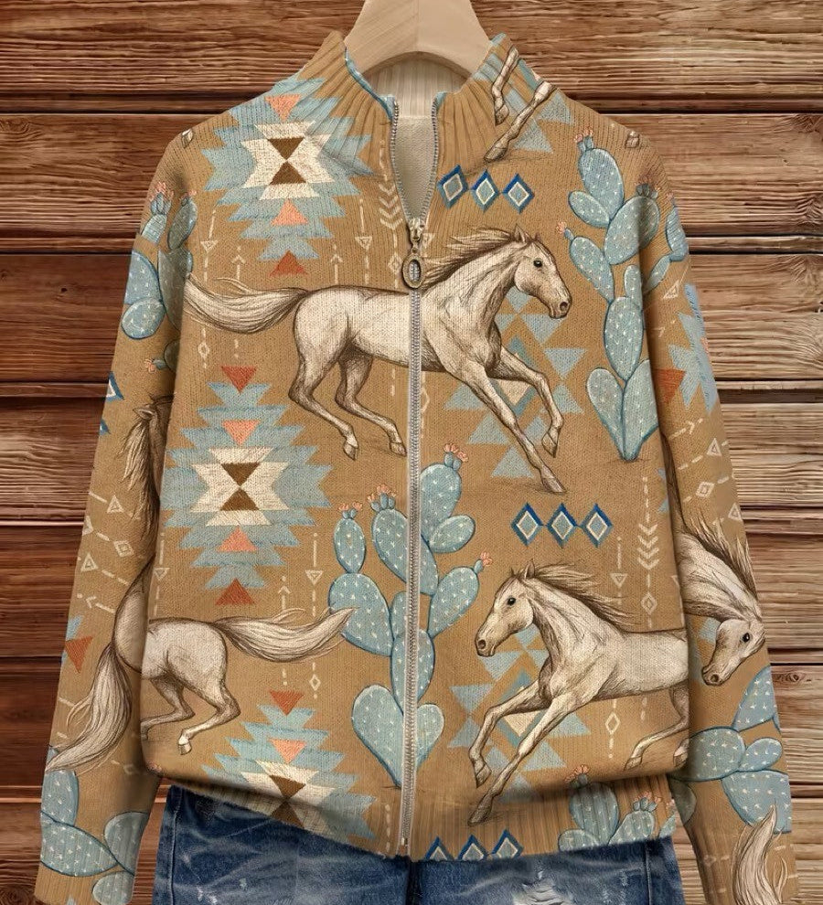 Cardigan con Zip e Motivi Western