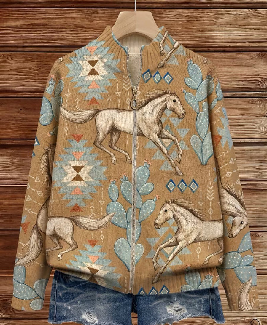 Cardigan con Zip e Motivi Western