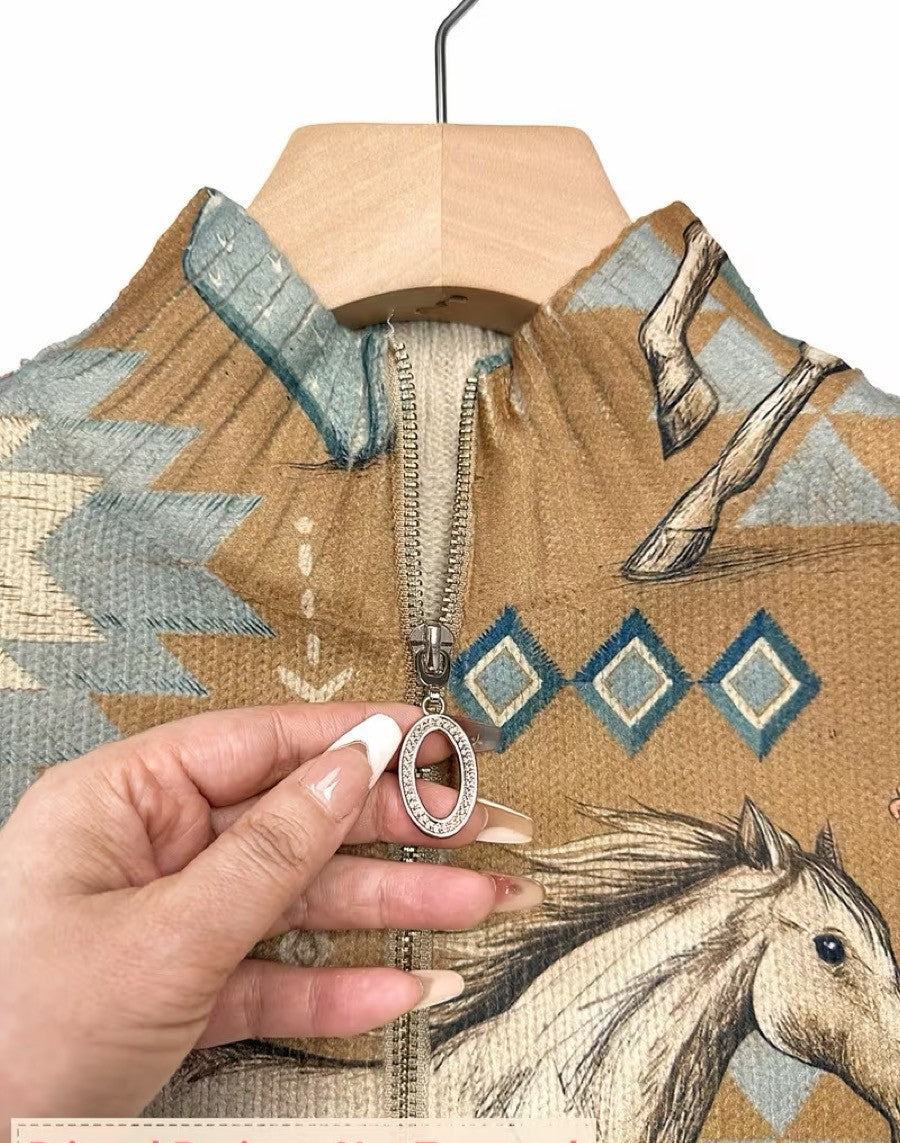 Cardigan con Zip e Motivi Western