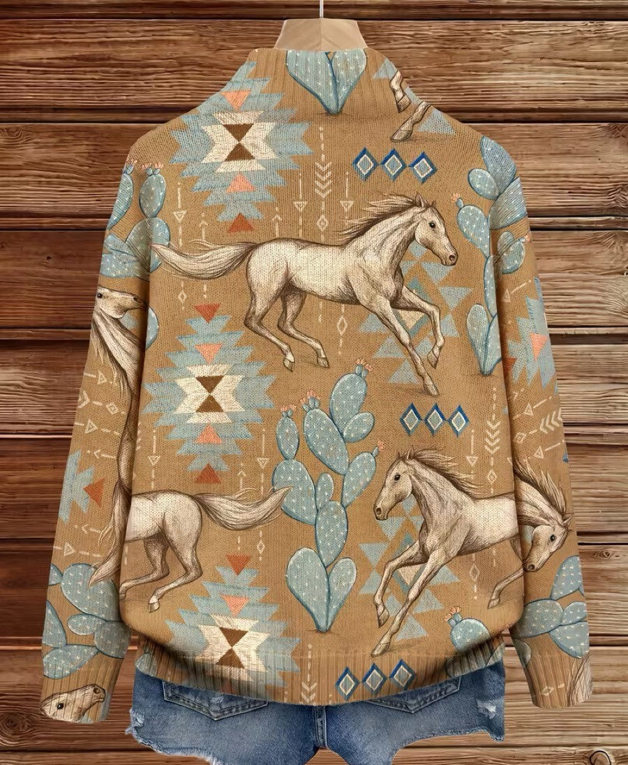 Cardigan con Zip e Motivi Western