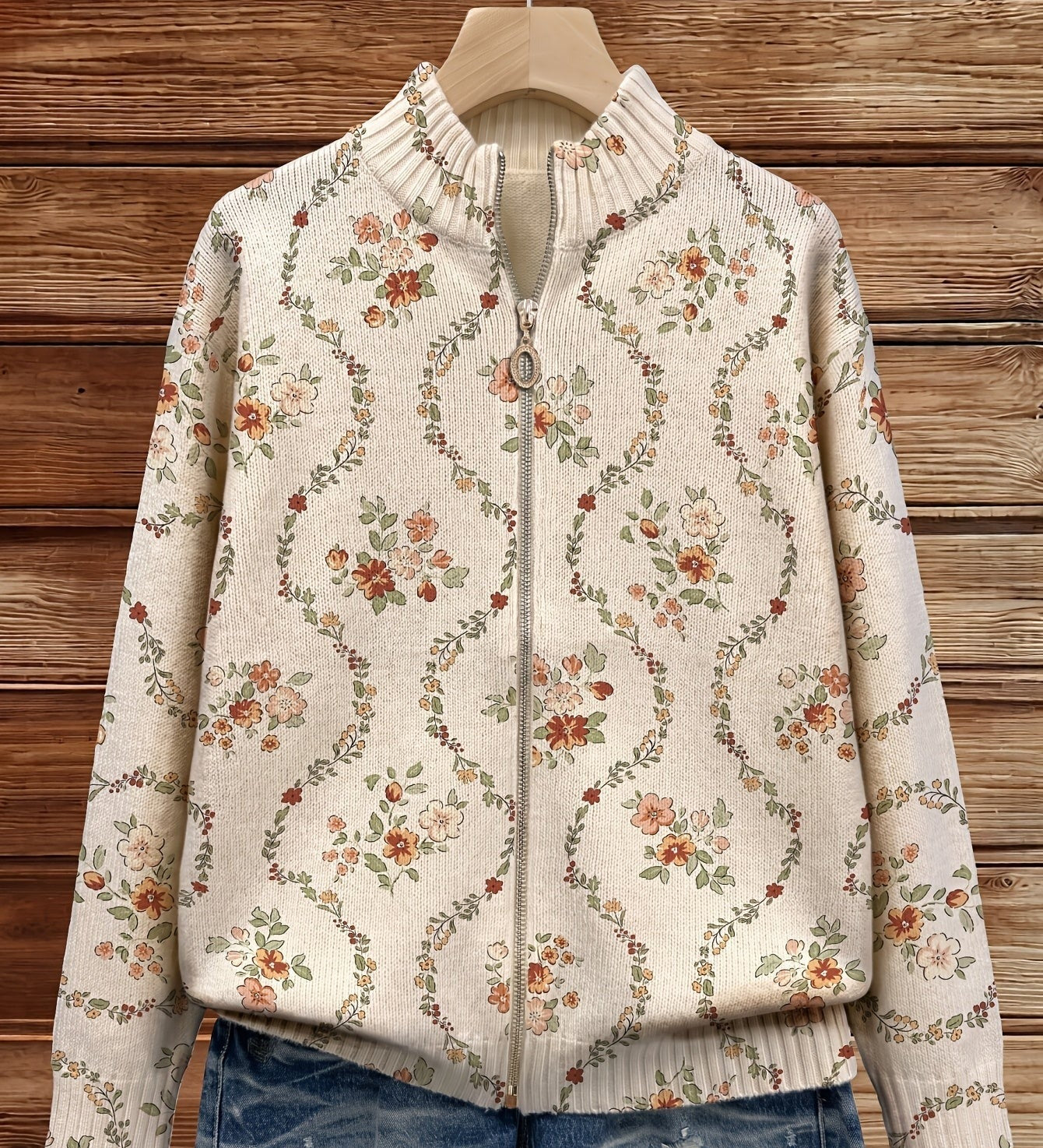 Cardigan con Zip e Tralci Floreali