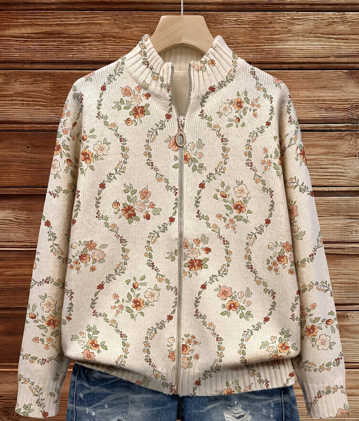 Cardigan con Zip e Tralci Floreali