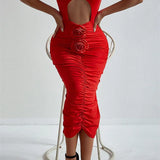 Rosalinda – Abito Rosso Cut-Out con Dettagli a Rosa