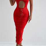 Rosalinda – Abito Rosso Cut-Out con Dettagli a Rosa