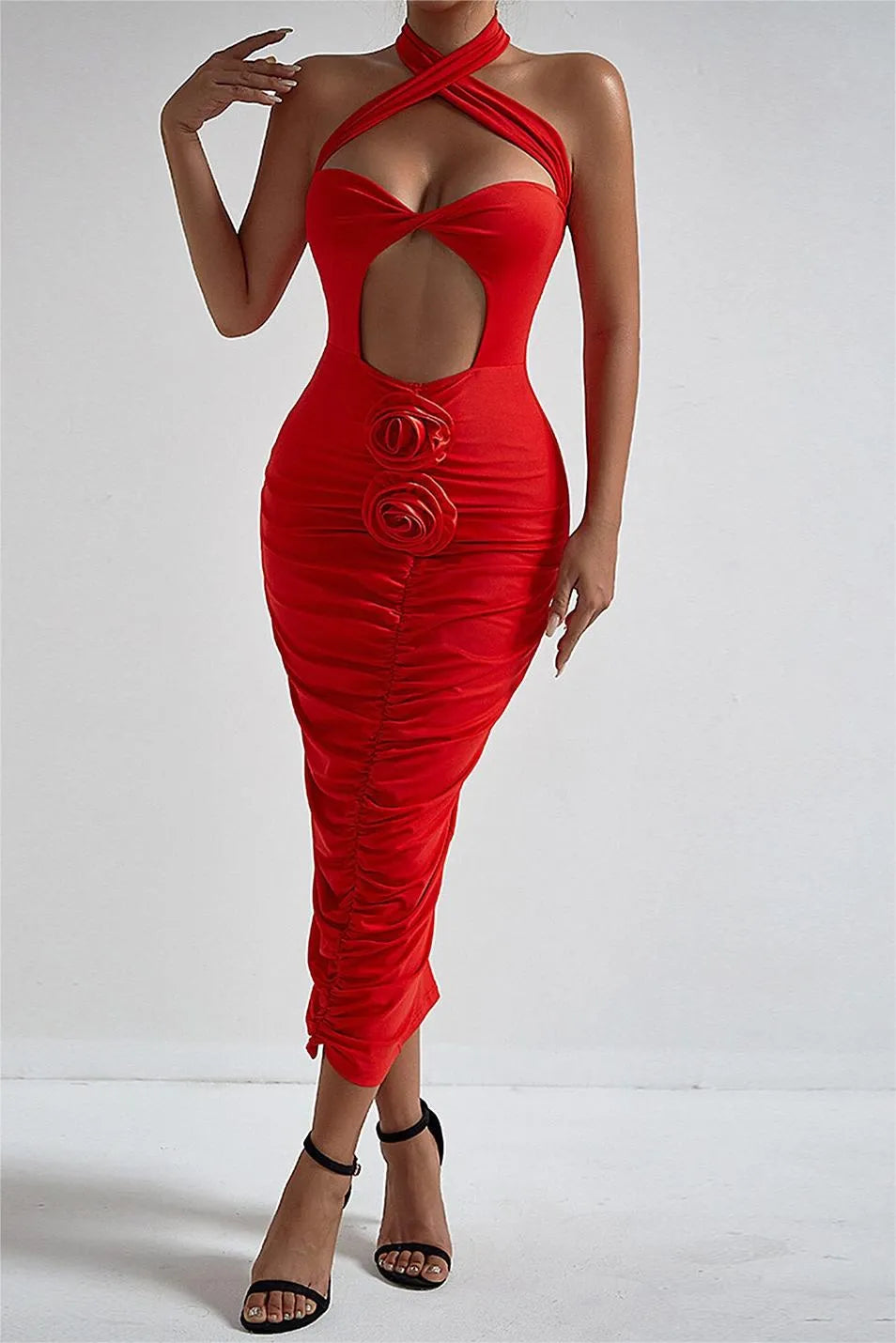 Rosalinda – Abito Rosso Cut-Out con Dettagli a Rosa