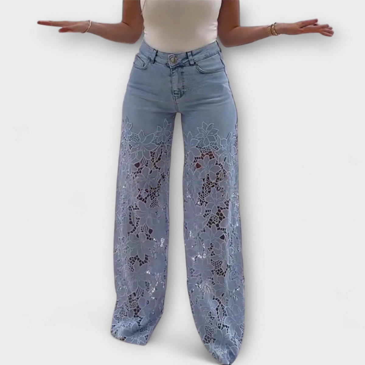 Virelle – Jeans con trasparenza floreale e gamba ampia