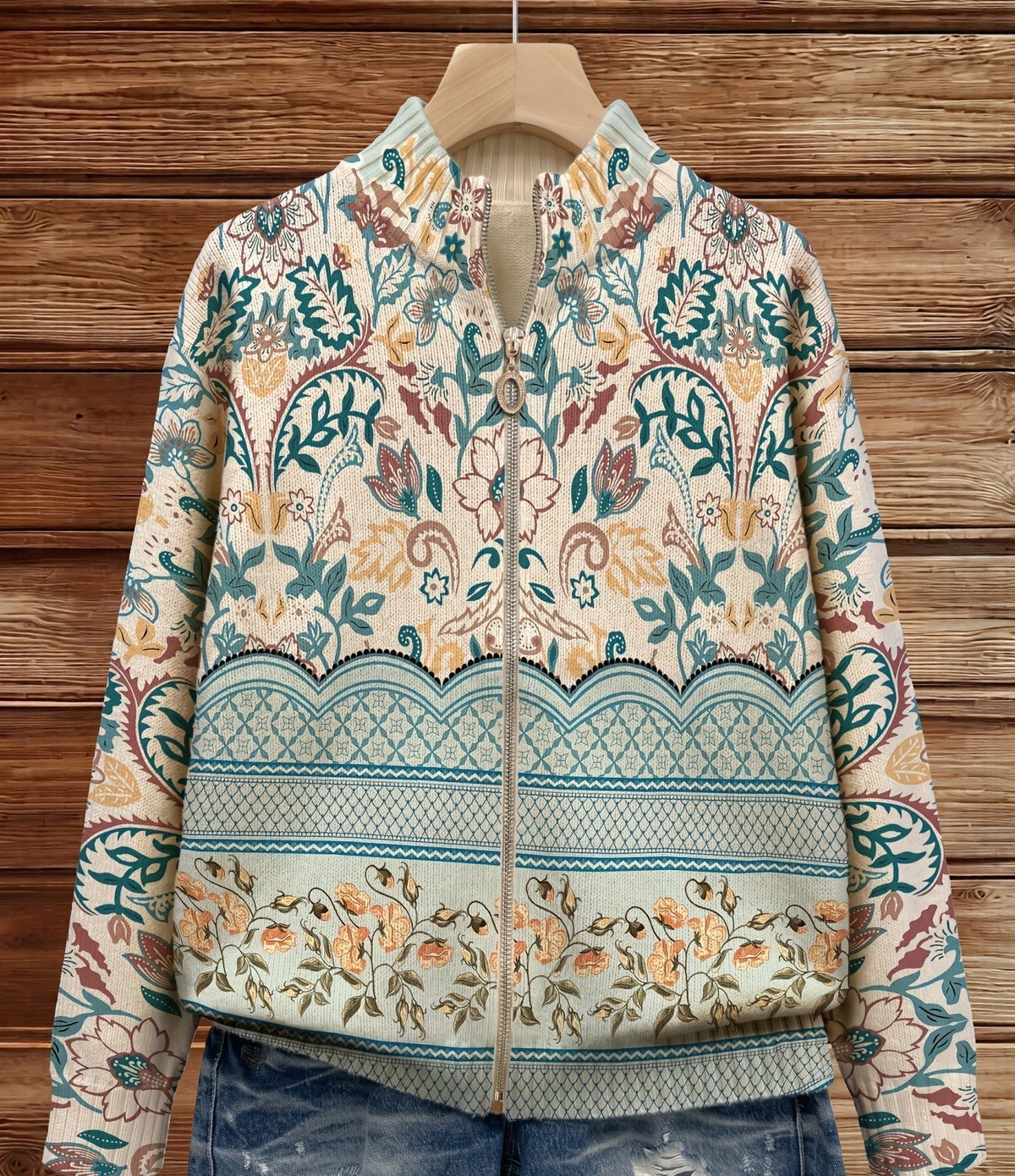 Cardigan con Zip e Motivi Botanici