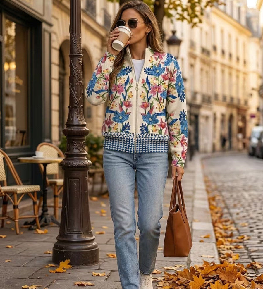 Cardigan con Zip e Fiori di Campo