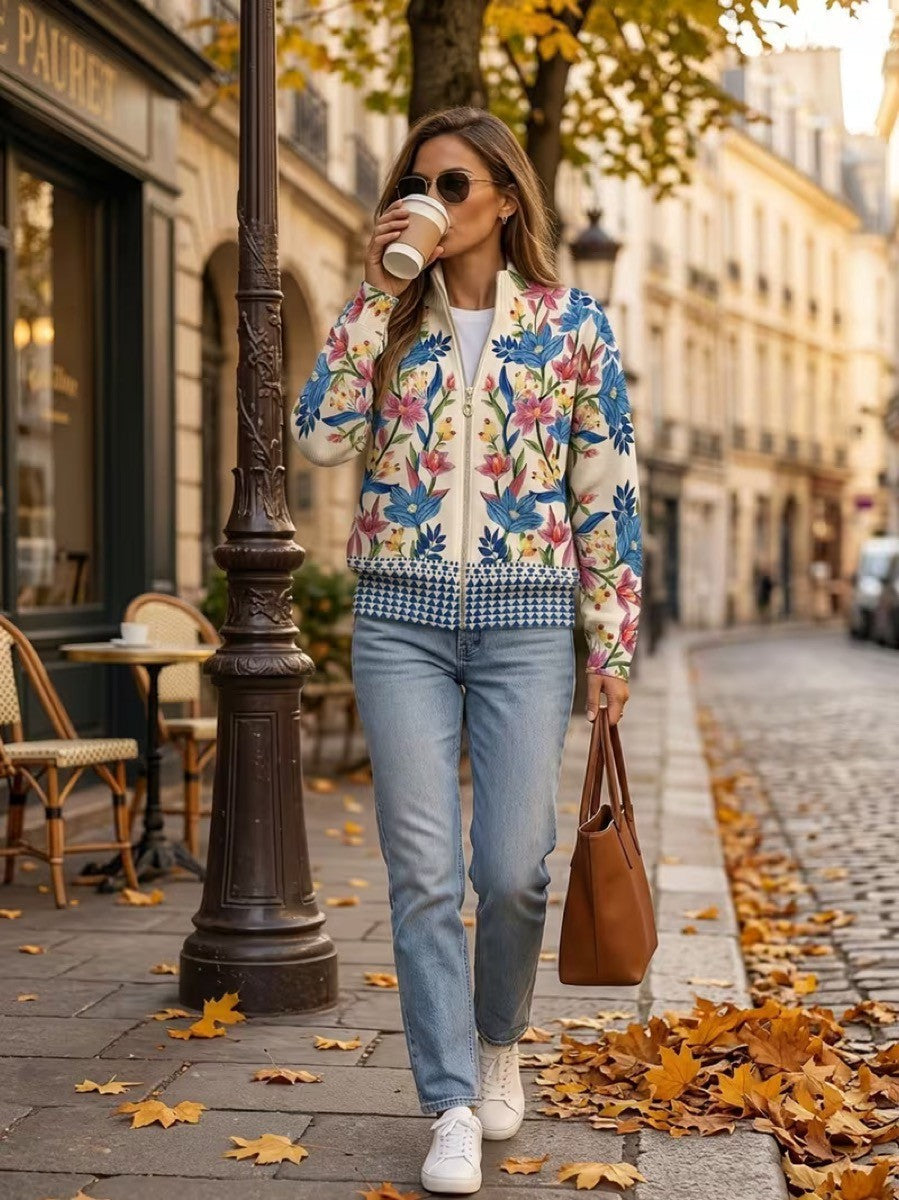 Cardigan con Zip e Fiori di Campo