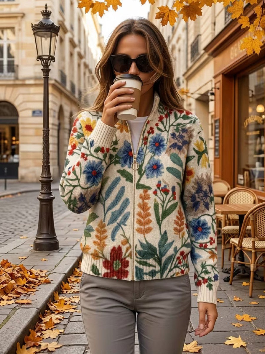 Cardigan con Zip e Fiori di Campo