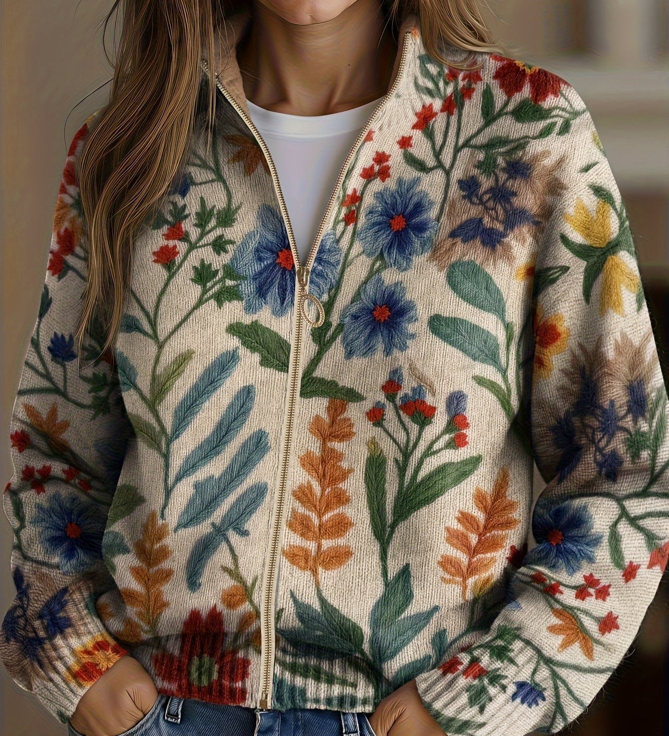Cardigan con Zip e Fiori di Campo