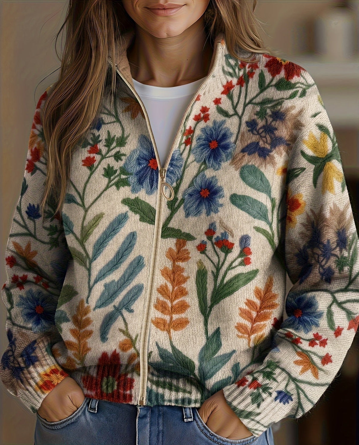 Cardigan con Zip e Fiori di Campo