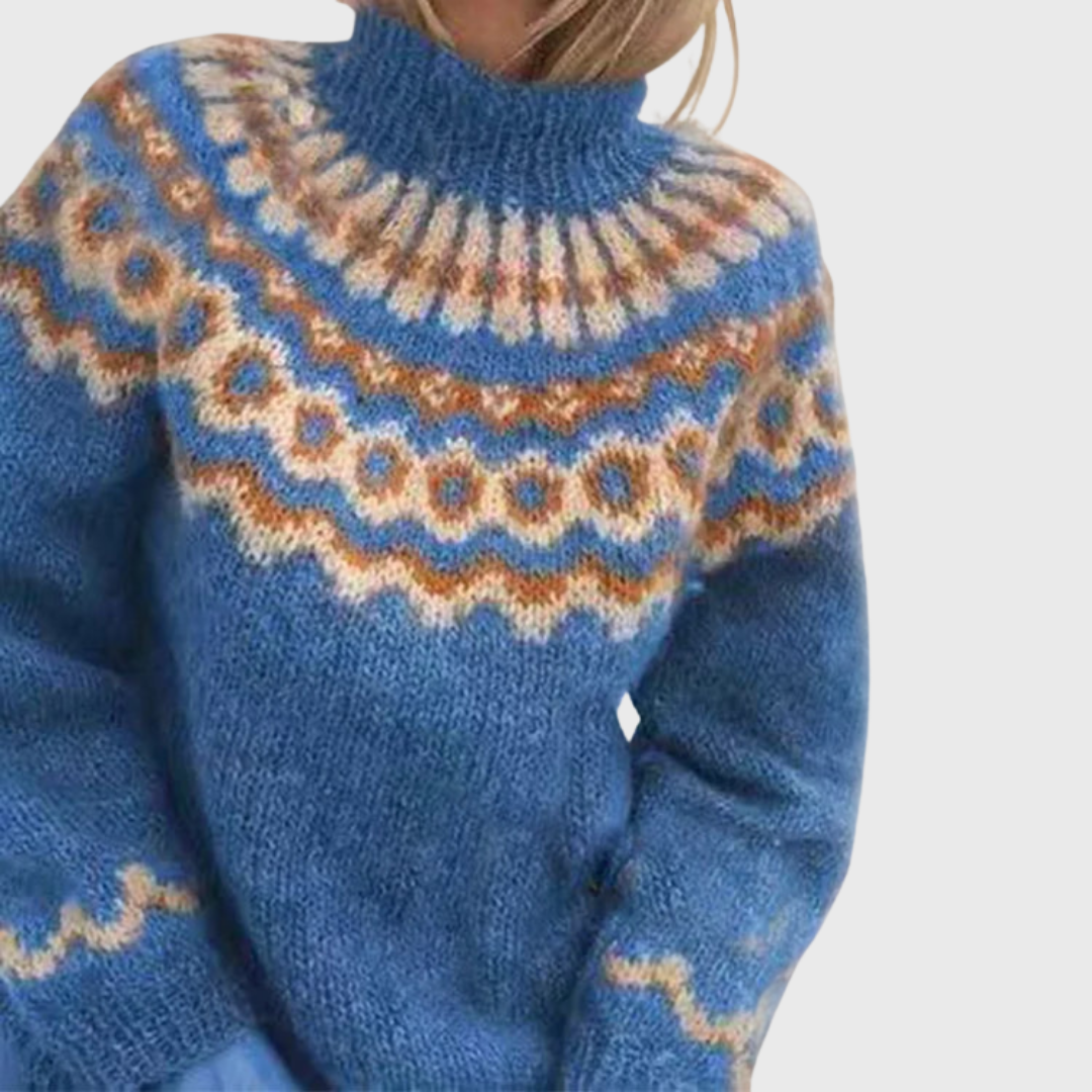 Maglione Blu a Collo Alto con Motivo Norvegese