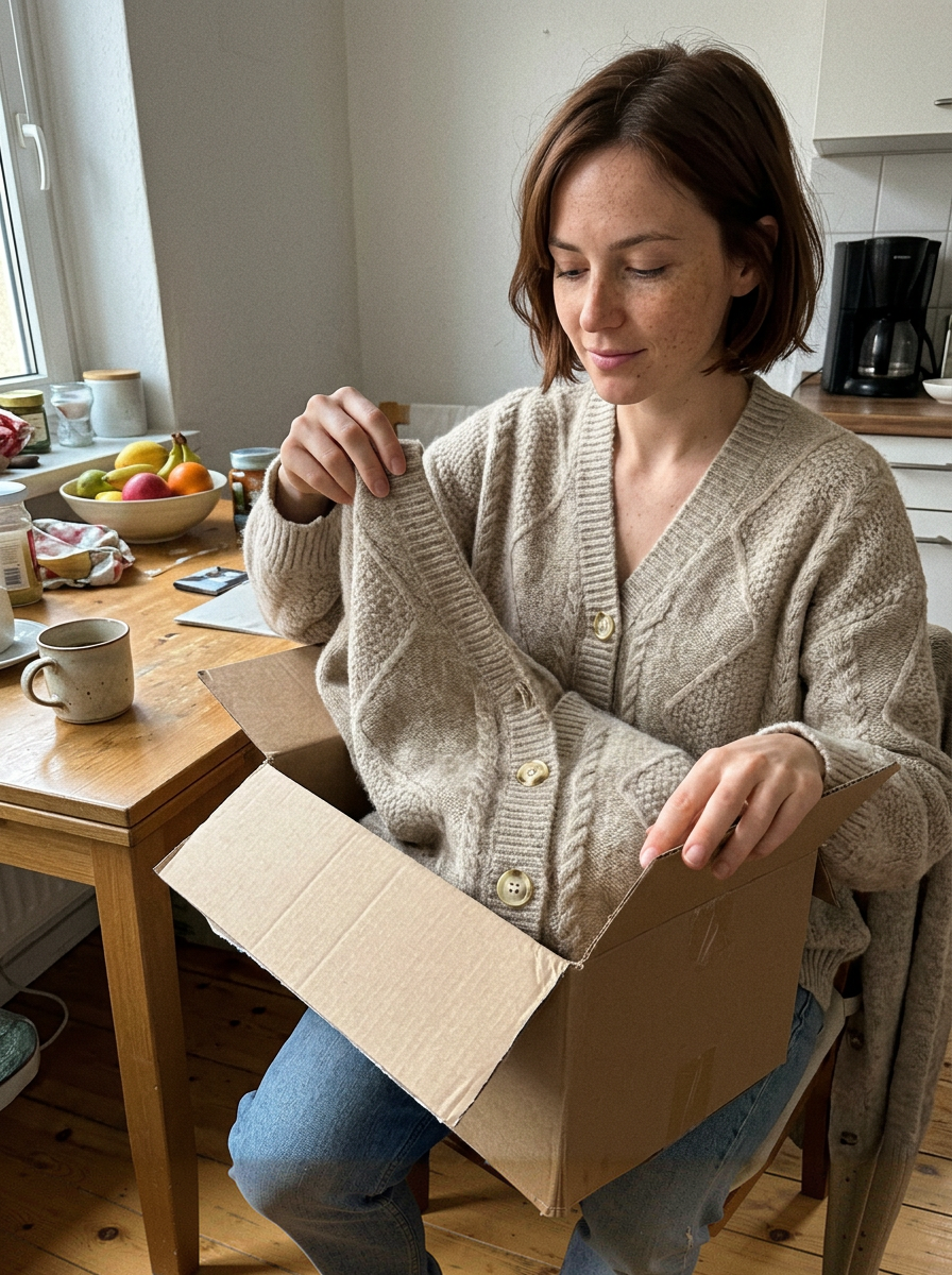 Illustrazione generata con IA. Scena domestica con Solenya™ | Cardigan comodo.