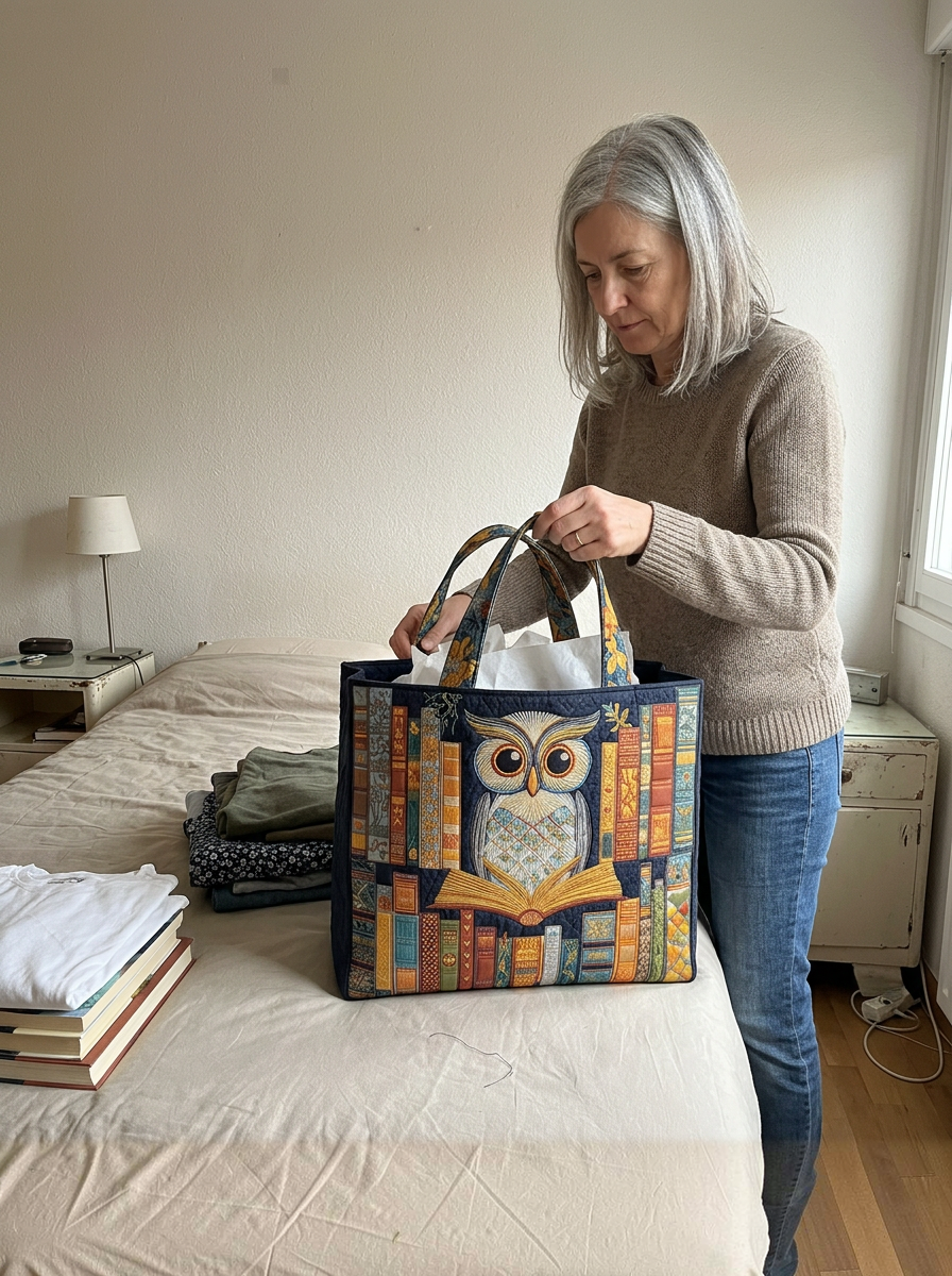 Illustrazione generata con IA. Scena domestica con Borsa Artigianale gufo e libri antichi – Idea Regalo.