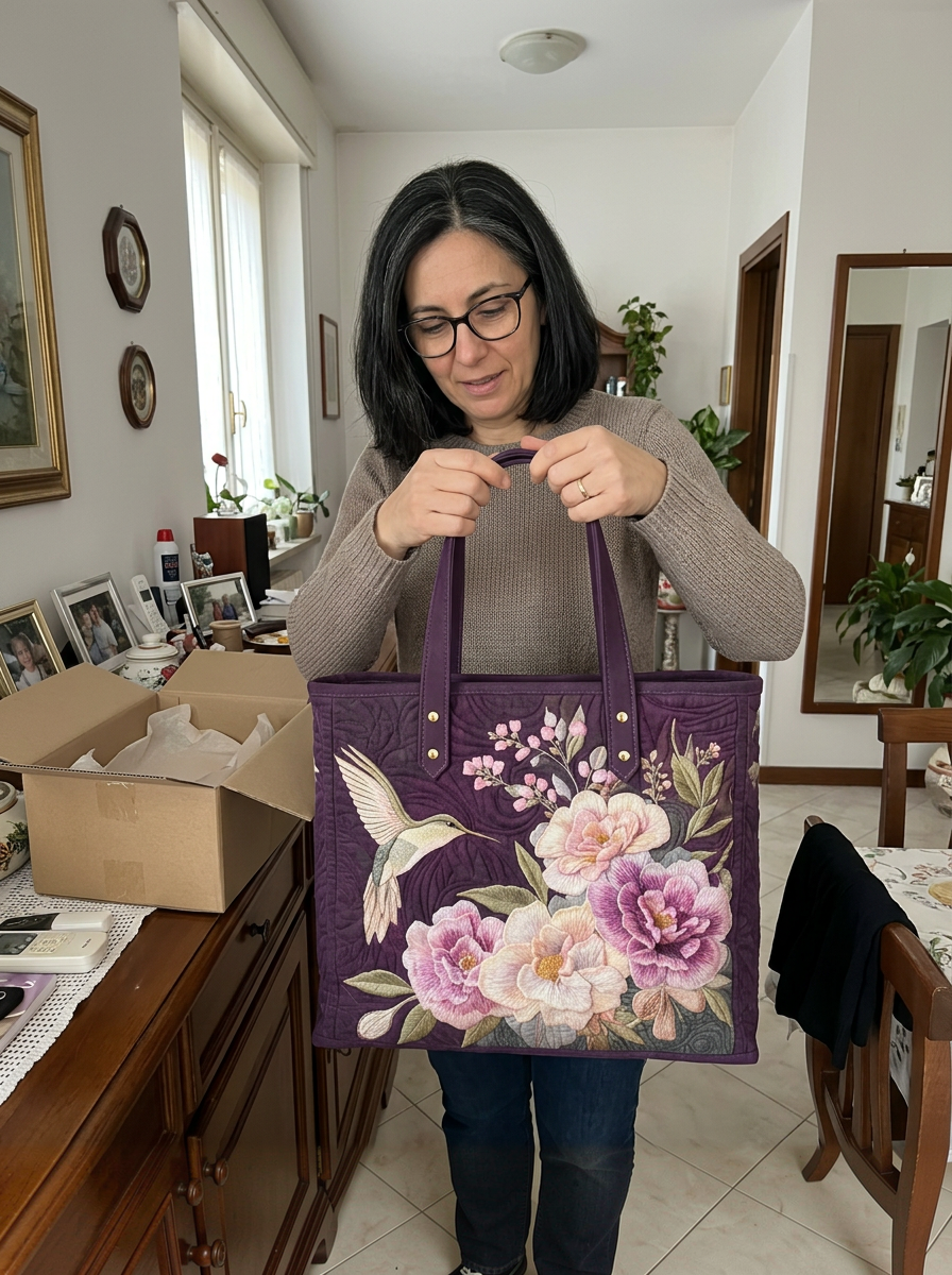 Illustrazione generata con IA. Scena domestica con Borsa Artigianale colibrì e orchidee – Elegante e Pratica.