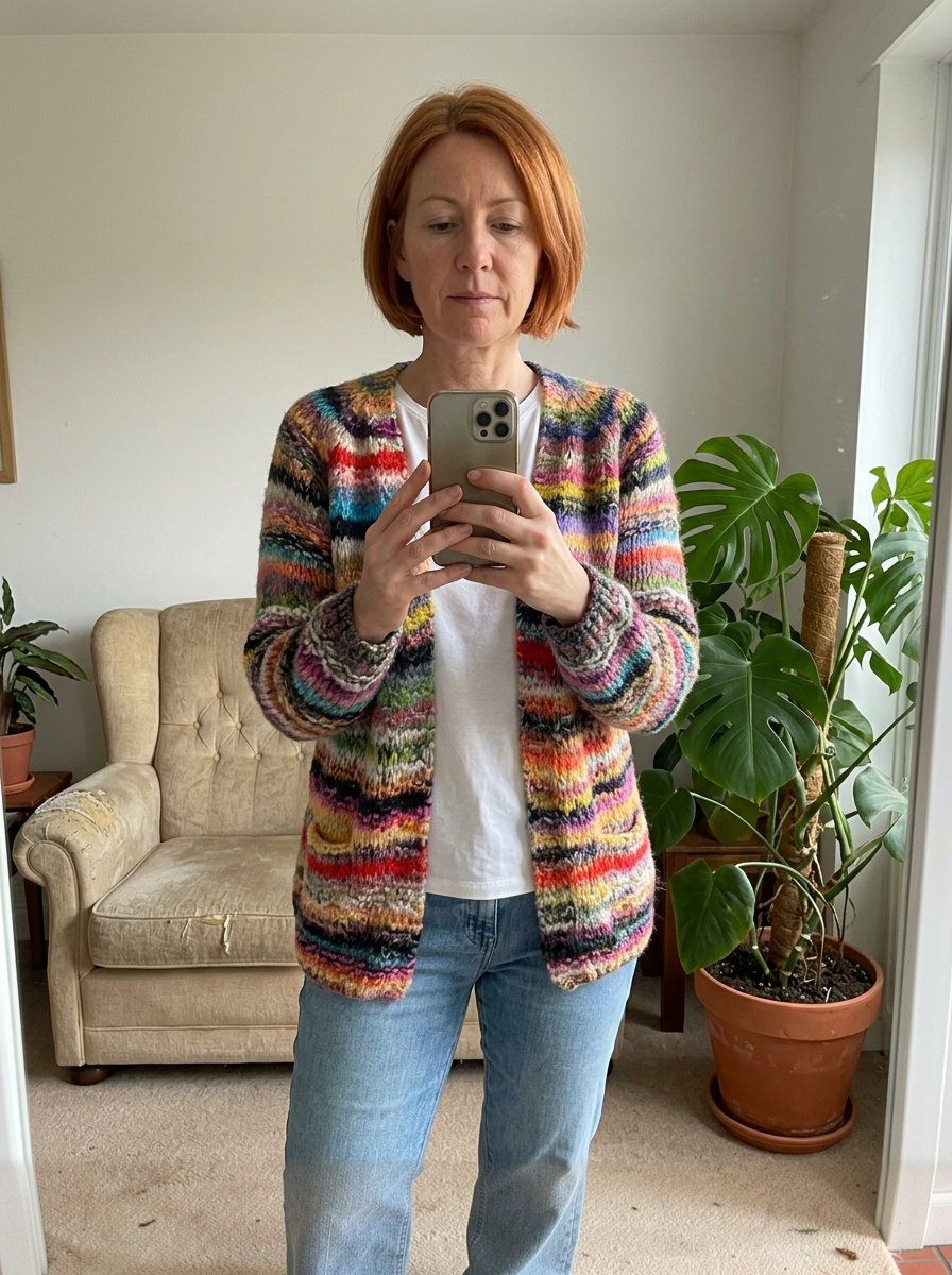 Illustrazione generata con IA. Scena domestica con Katherina™ | Cardigan Multicolore.