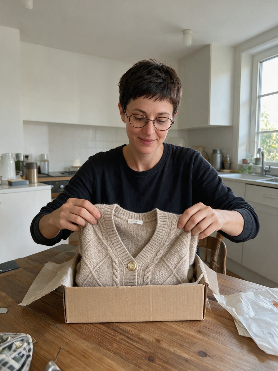 Illustrazione generata con IA. Scena domestica con Solenya™ | Cardigan comodo.