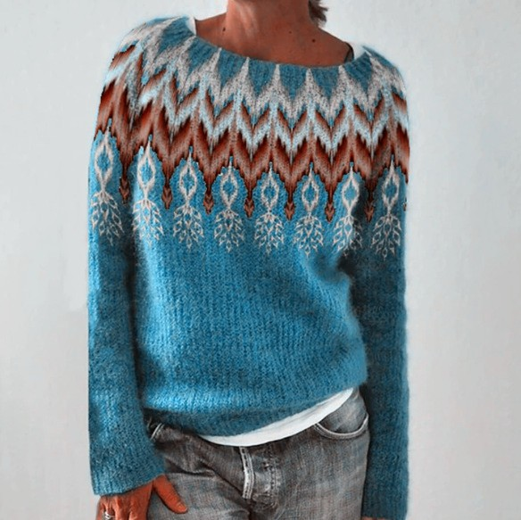 Maglione Retrò Color Petrolio con Motivo Norvegese