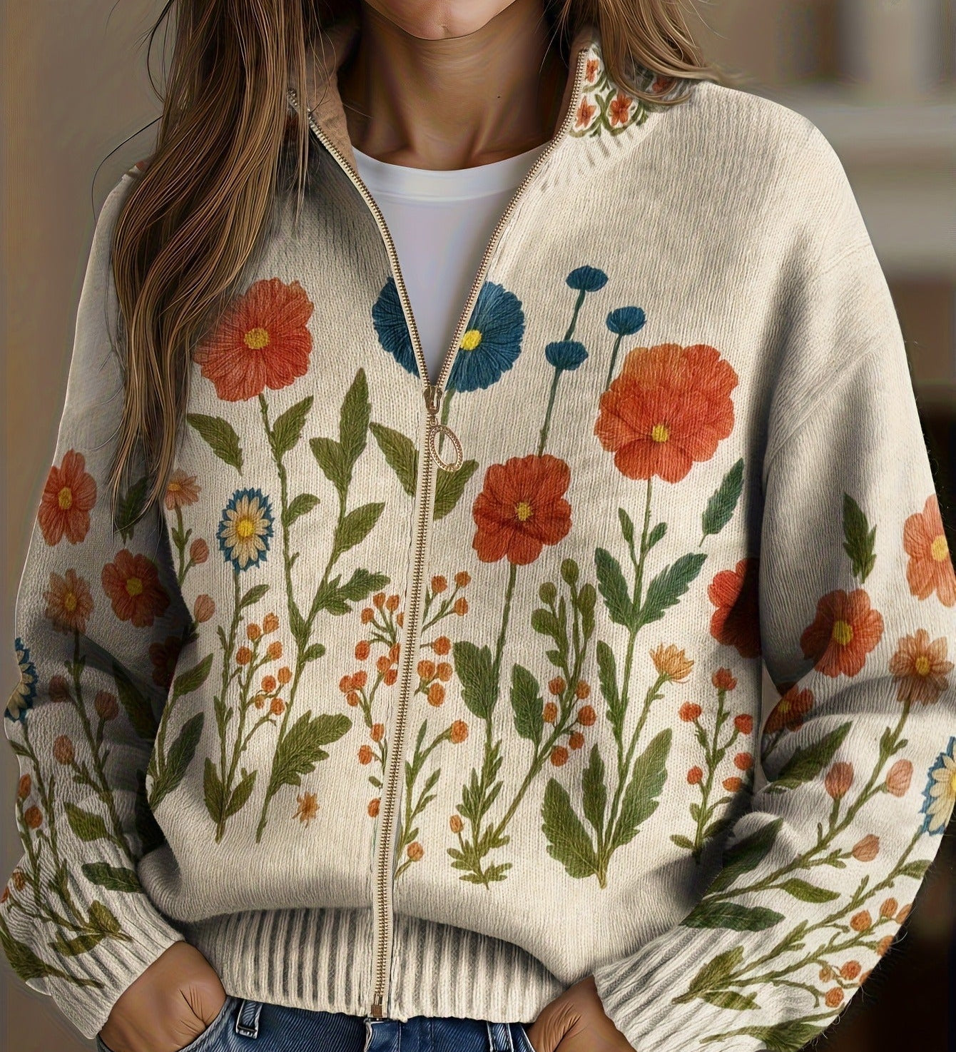 Cardigan con Zip e Fiori di Prato
