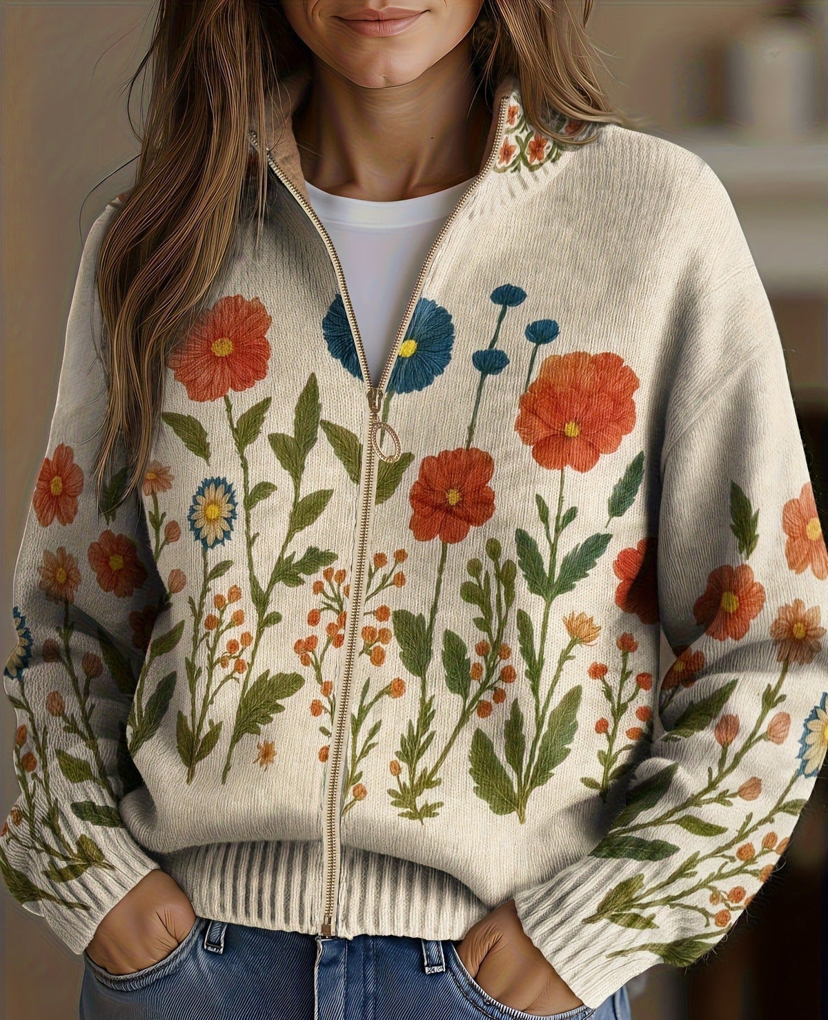 Cardigan con Zip e Fiori di Prato