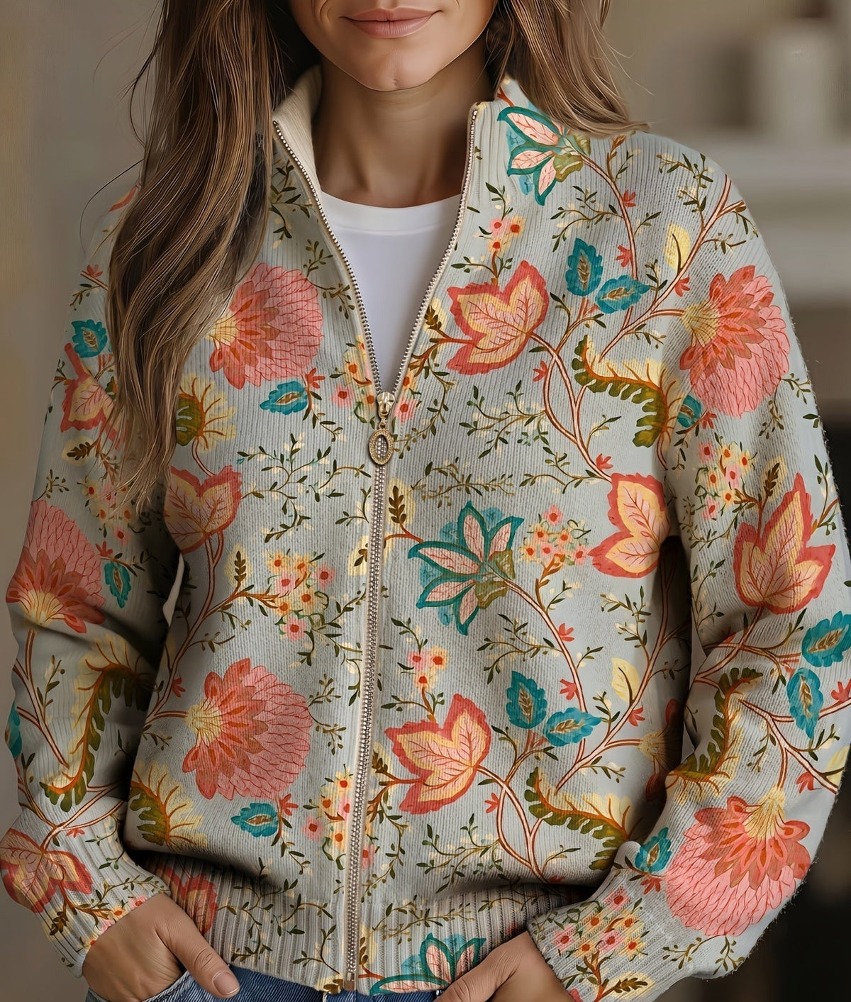 Cardigan con Zip e Fiori Vintage