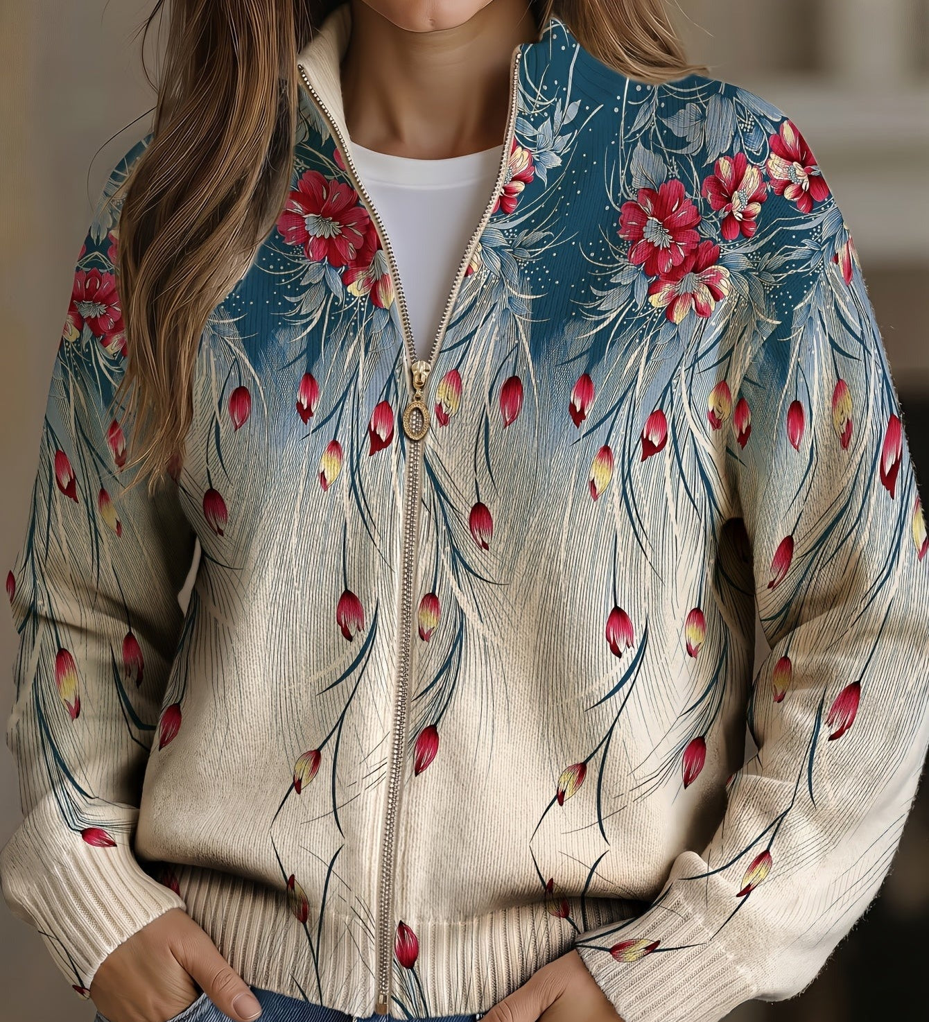 Cardigan con Zip e Motivi a Piuma