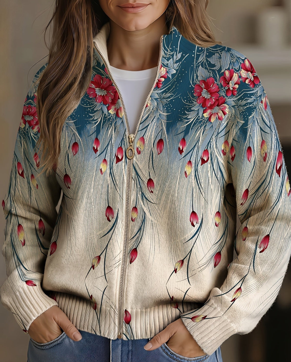 Cardigan con Zip e Motivi a Piuma